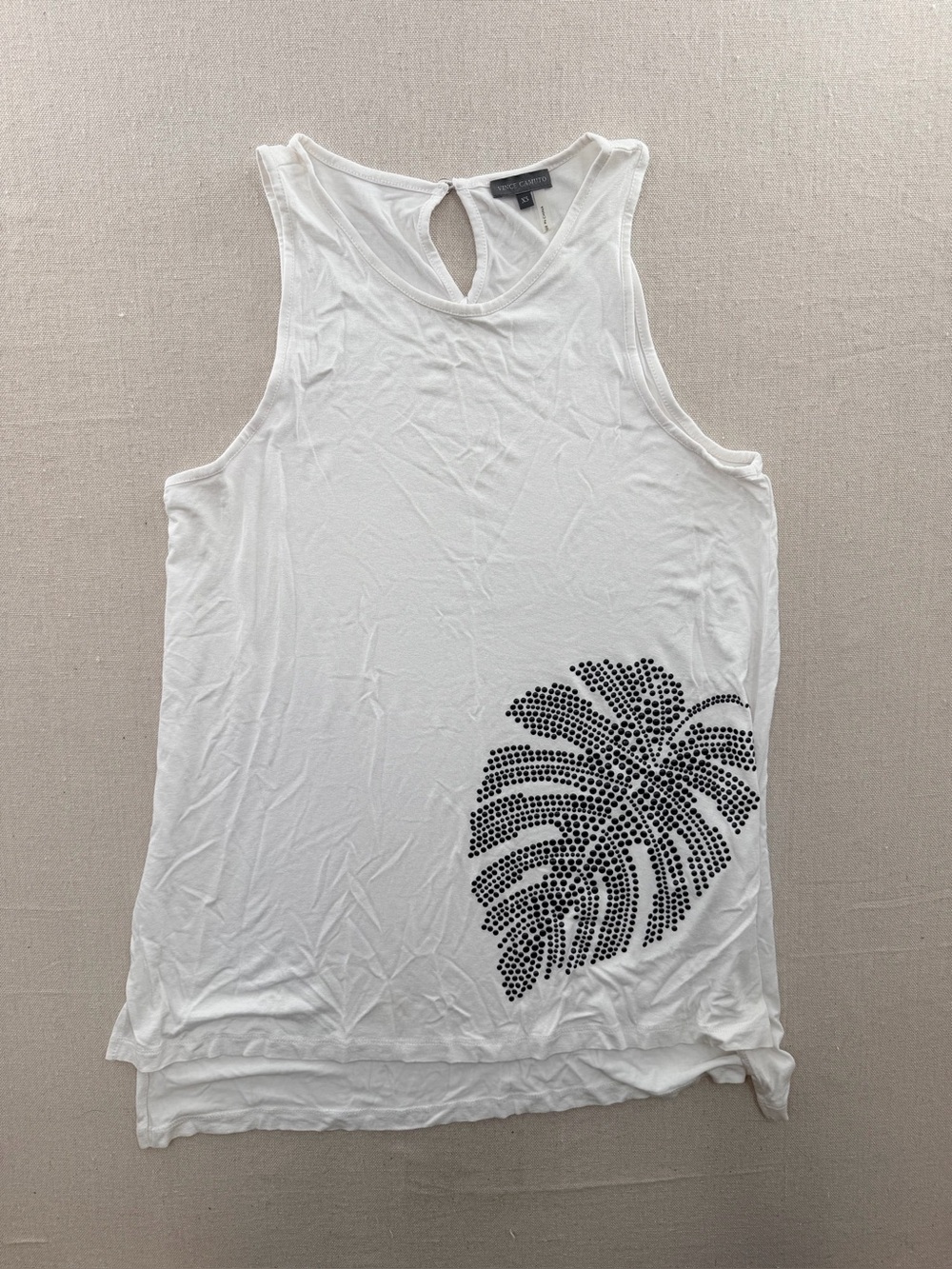 Vince Camuto White Tank Top with Black Leaf Stud Detail -